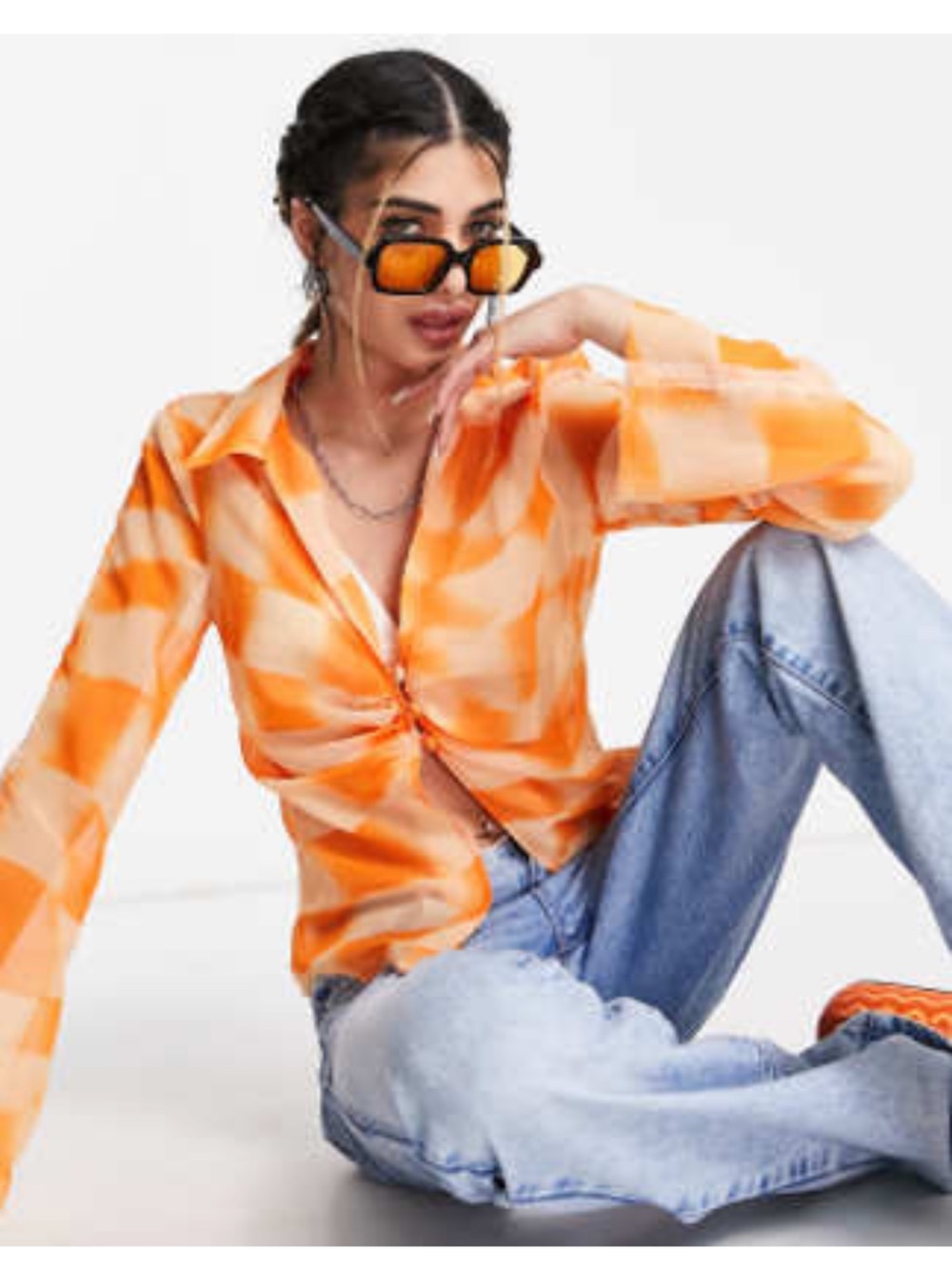 Orange Sheer Printed Long-Sleeve Top